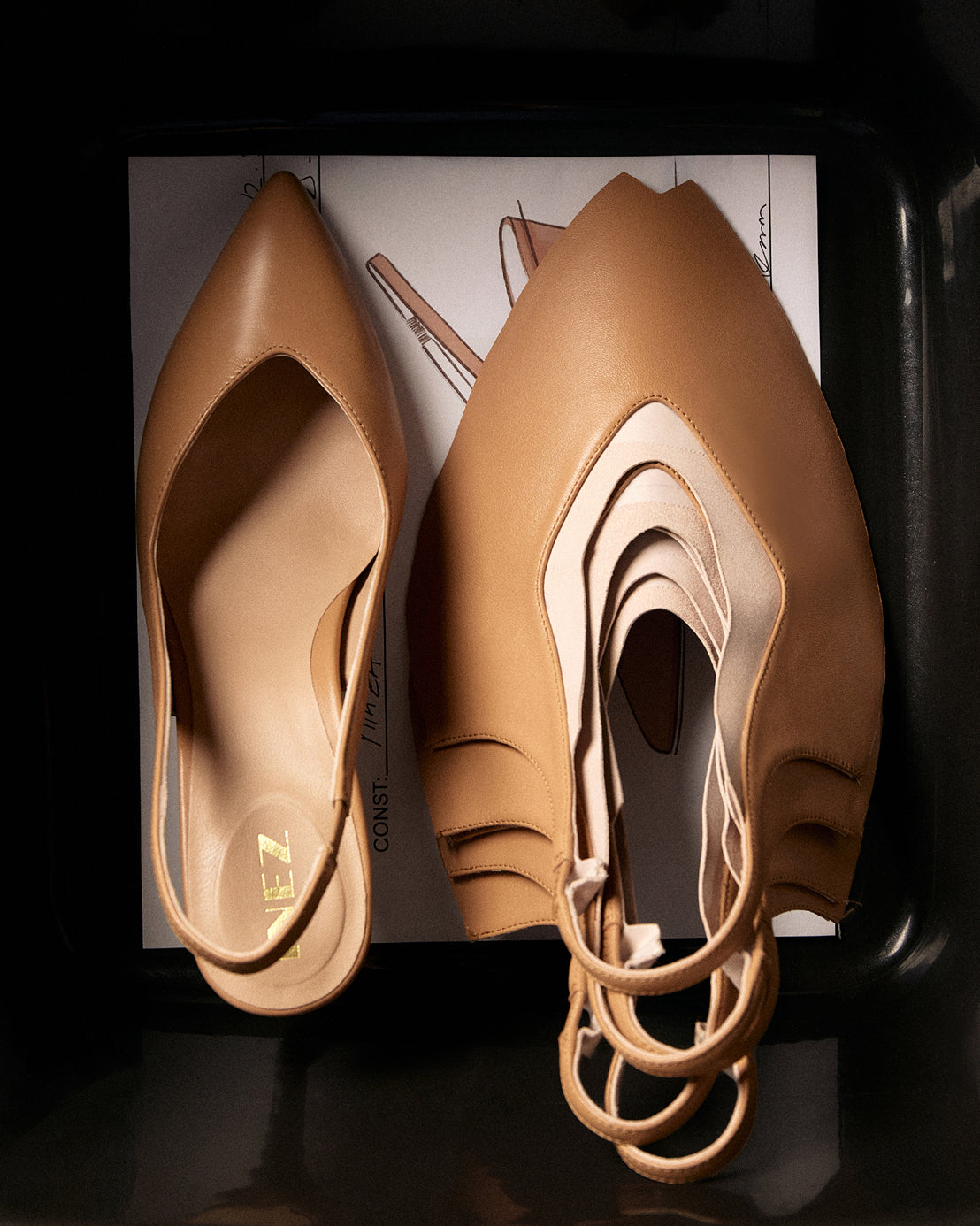 A finished pair of Inez heels