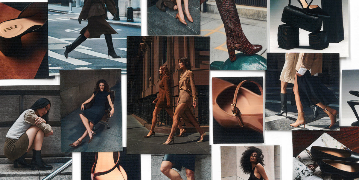 Legs in sheer black tights wearing black suede Inez mules, resting on a metal block