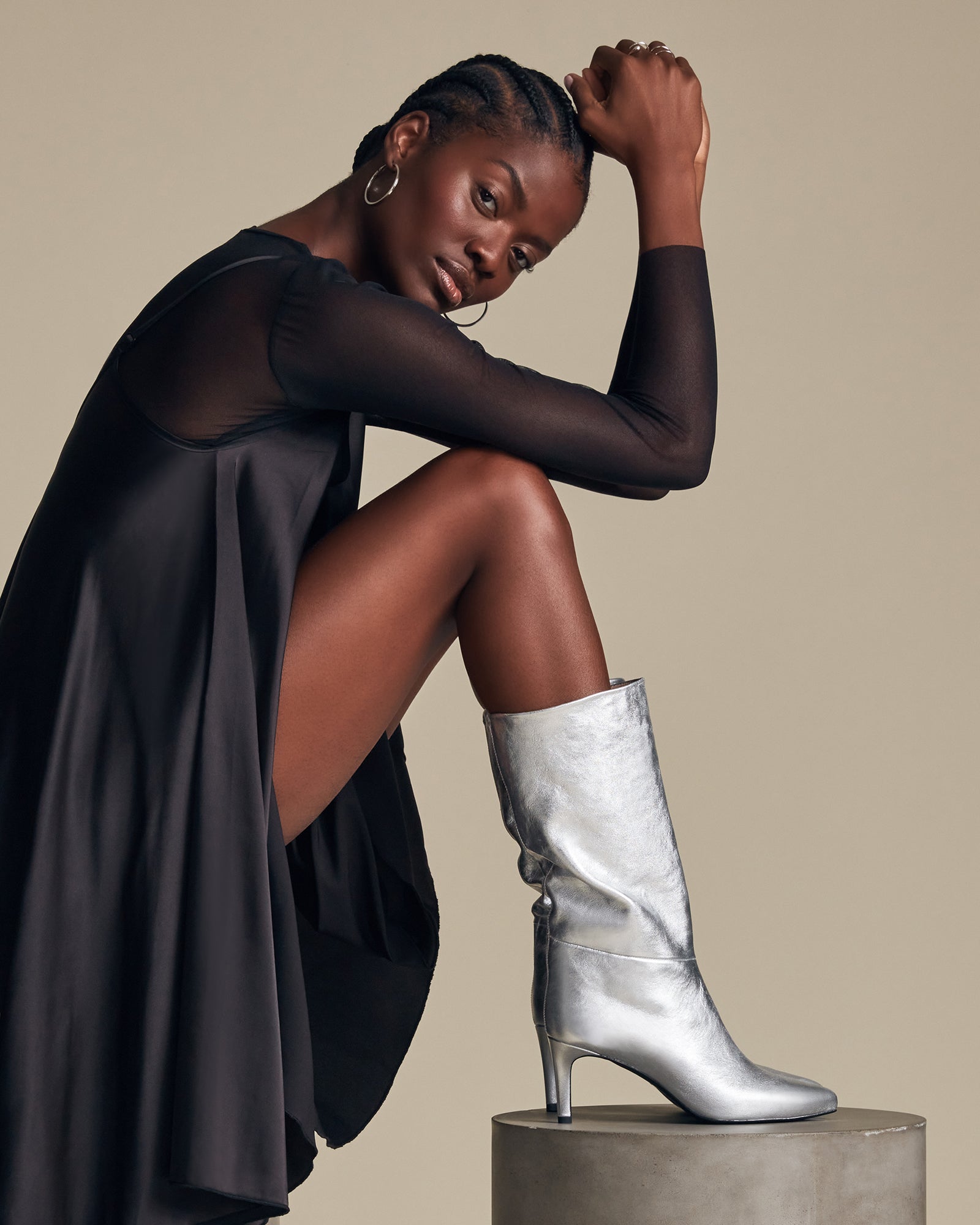 silver dress black boots Melanie Black & Silver Shimmer Dress